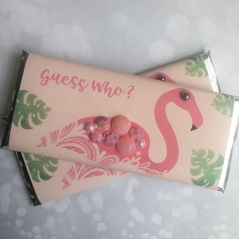 Baby Shower Birthday Pink Flamingo Candy Bar Favors with Bling Fully Assembled Personalized Candy Bar Wrapper for Bridal Shower