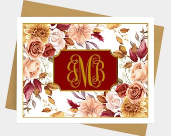 Monogram Note Cards with Envelopes, Personalized Stationery Set for Women, Fall Floral Design, Pack of 10 Folded Notecards