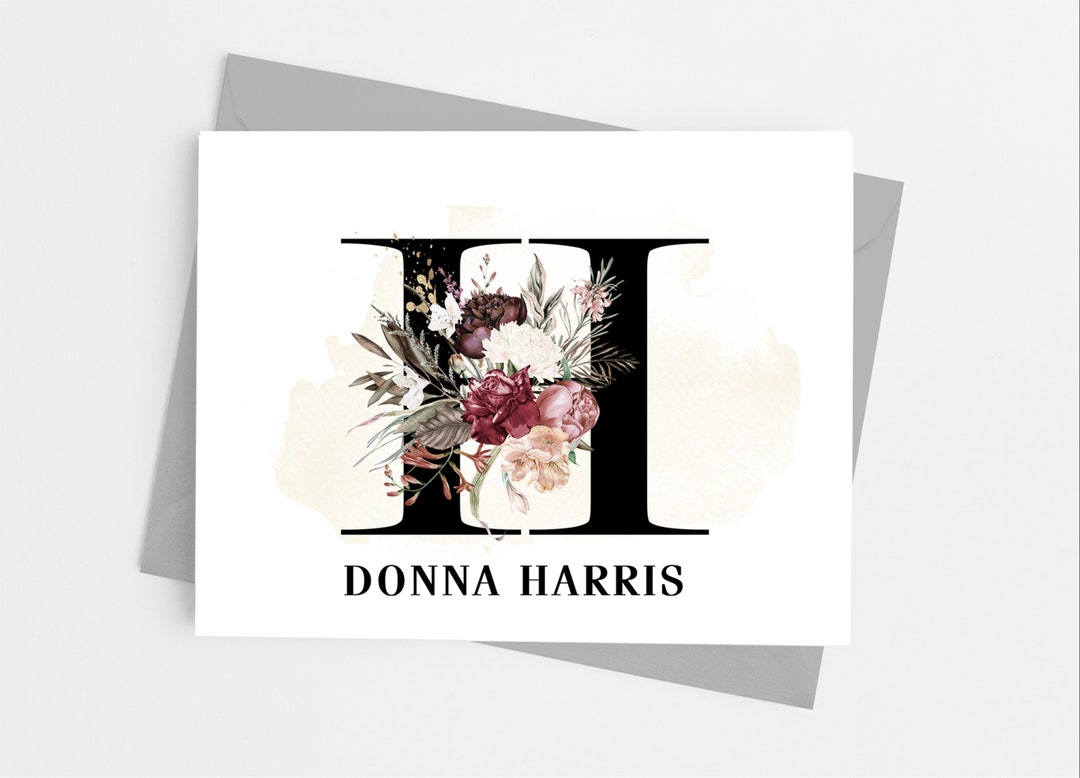 Single Initial Monogram Stationery Note Cards With Envelopes, Floral ...