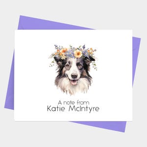 May include: A white and black border collie with a floral crown of yellow and purple flowers. The text "A note from Katie McIntyre" is below the dog.