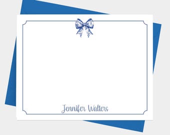 Chinoiserie Coquette Bow Note Cards with Envelopes, Personalized Stationery Set for Women, Set of 12 Flat Notecards