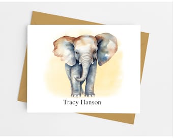 Elephant Note Cards with Envelopes, Personalized Animal Stationery Set, Pack of 10 Folded Notecards