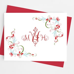 Christmas Monogram Stationery Set, Personalized Blank Folded Note Cards with envelopes, Set of 10