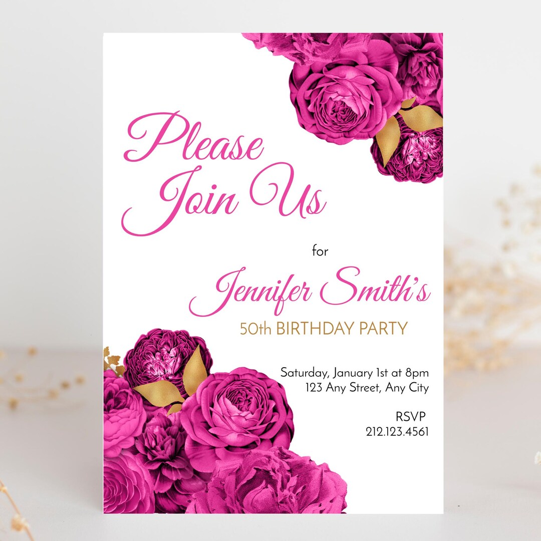 Pink Invitations Pink Birthday Party Invitation, Editable Template Corjl, Floral Pattern ...