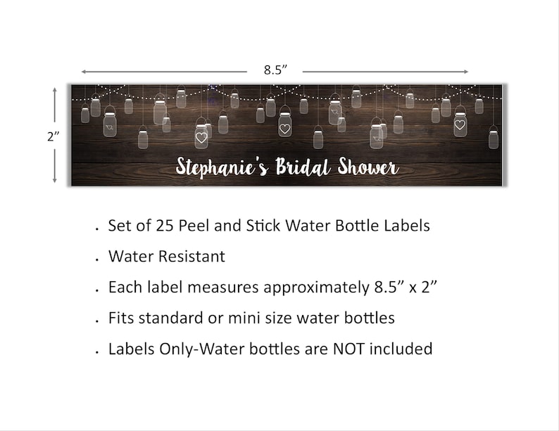 Bridal Shower Birthday Wedding Rustic Mason Jar Personalized Water Bottle Labels Peel and Stick Waterproof Water Bottle Wrappers