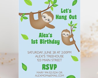 Sloth Editable 5x7 Invitation, Digital Download, Kids Birthday Party Invite, Printable Corjl Template