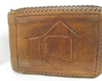 vtg trucker wallet, old embossed wallet, hand tooled leather, hipster vtg wallet, distressed leather, 70's boho wallet, covered bridges