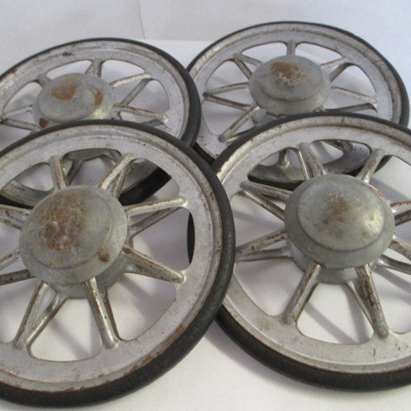 4 vintage wheels, 6 inch round baby buggy wheels, steampunk decor, industrial decor, altered art supply, woodwork supply, rustic metal junk