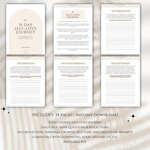 May include: A printable PDF guide for a 31-day self-love journey. The guide includes daily questions and reflections, self-care prompts, and gratitude exercises. It is compatible with Goodnotes, Xodo, and Notability.