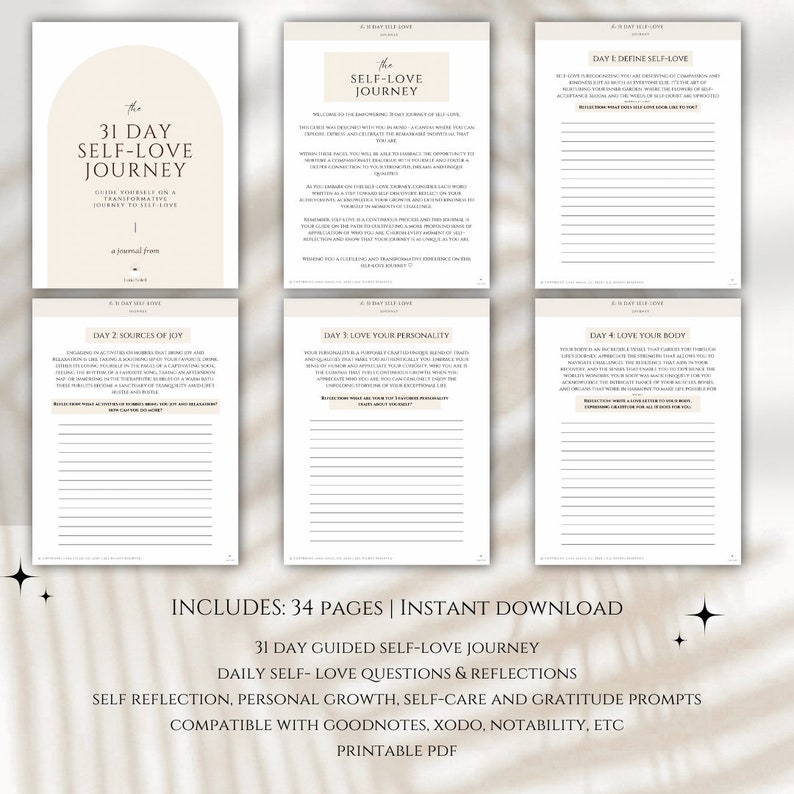 May include: A printable PDF guide for a 31-day self-love journey. The guide includes daily questions and reflections, self-care prompts, and gratitude exercises. It is compatible with Goodnotes, Xodo, and Notability.