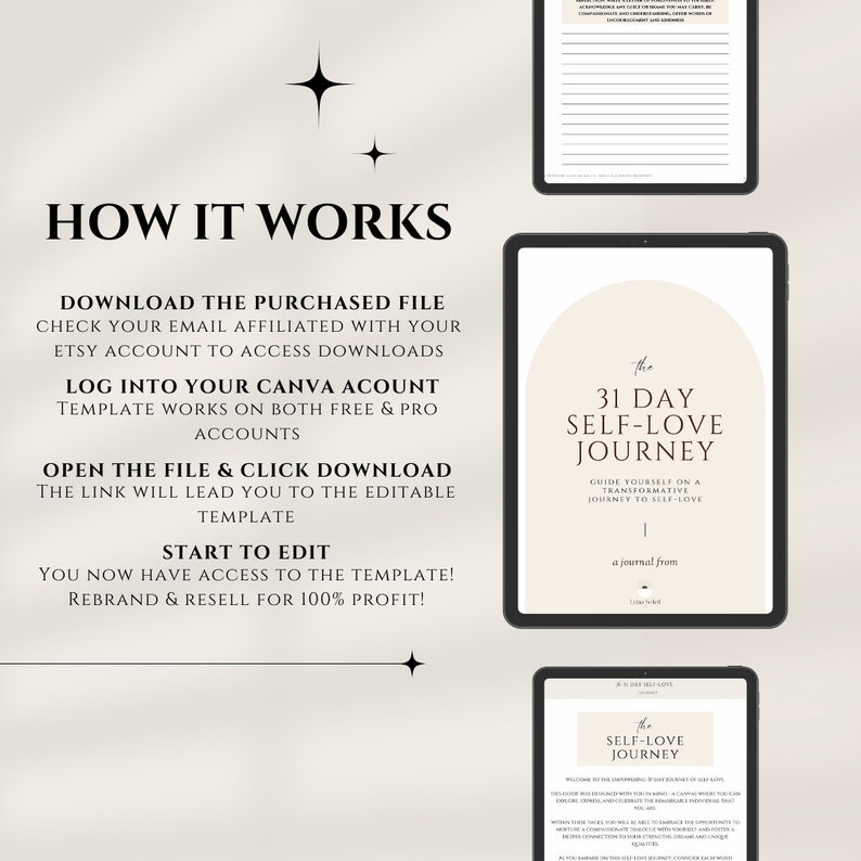 May include: A digital product mockup showing how to download and edit a 31-day self-love journal template. The template is designed for use with Canva and includes a journal prompt for each day. The text on the mockup reads "The 31 Day Self-Love Journey" and "a journal from".