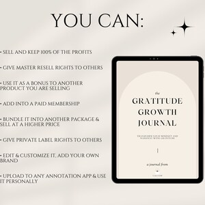 May include: A digital product mockup on a tablet screen. The text on the screen reads "The Gratitude Growth Journal: Transform your mindset and manifest with gratitude. A journal from [Name]"