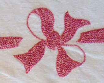 Vintage French white metis sheet with pink embroidery sheet and pillow cover pink embroidery and lace