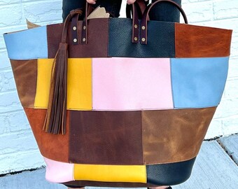 Oversized Patchwork Leather Tote Bag: Large Travel Carryall  display picture 1