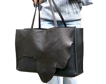 Raw Edge Black Leather Tote: Oversized Work, Travel, and Laptop Bag