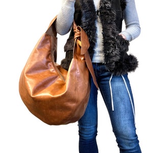 Large buttery soft tan hobo bag, slouchy leather hobo bag with zipper and lining 20”W x 14”H , Work and travel bag