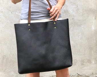 Black leather tote, medium size, work and travel laptop bag