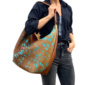 Bolso grande tipo hobo de piel de vacuno marrón turquesa, bolso grande de hombro para la escuela, el trabajo y los viajes