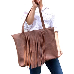 Leather tote with fringe, Sturdy Shopper Travel bag Leather office bag, school tote zipper, Large laptop computer leather tote image 2