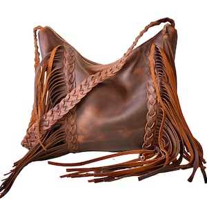 Bolso bandolera de piel estilo boho con flecos y trenzas, bolso para ordenador de trabajo y de viaje resistente y de gran durabilidad, bolso de piel para portátil