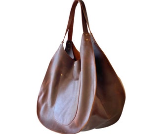 Oversized Vintage Brown Leather Hobo Bag, 22” W X 16”H