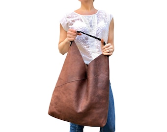 Handmade Slouchy Leather Hobo Bag: Large Brown Work Tote