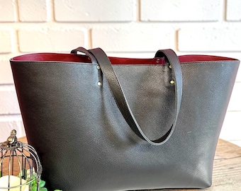 Black Full Grain Leather Tote, leather lining Interior, Work & Travel Bag