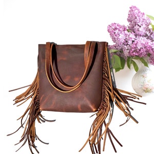 Bolso vintage de piel marrón con flecos, 28 cm de ancho x 30 cm de alto, bolso de piel para trabajo y viajes, bolso de mano de piel, bolso con cremallera, bolso de hombro para mujer