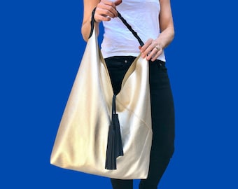 Metallic Leather Hobo Bag: Large Slouchy Shoulder Bag with Tassels