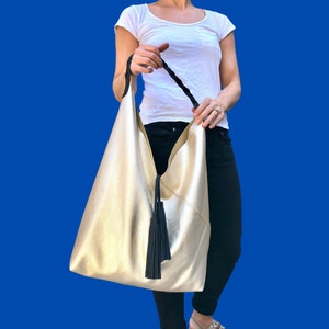 Metallic leather hobo bag, Overnight bag, Slouchy large shoulder bag for work and travel, Large Leather Shopper, Soft slouchy handbag