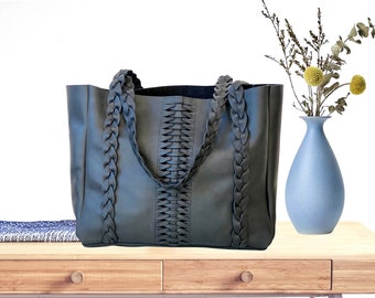 Boho chic black leather tote with braids, Sturdy Work and travel leather bag , Leather Computer bag with silver Zipper Option