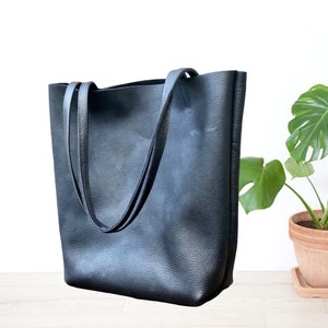 Tall Black Leather Tote Work and travel leather bag , Leather Computer bag with silver Zipper, leather shopper handbag, Sturdy leather bag