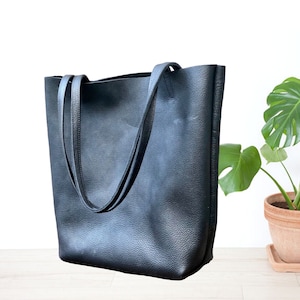 Tall Black Leather Tote Work and Travel Leather Bag