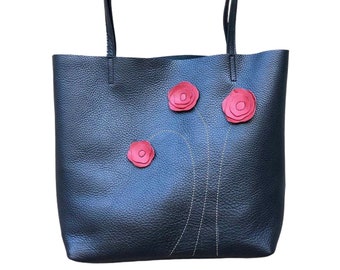 Black leather bag with poppies, Durable work and travel computer bag, Leather shopping bag, Handbag with zipper, Unique leather tote