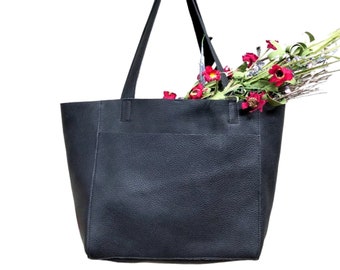 Large black leather tote bag 20”x 12” , Front pocket work and travel computer bag, Large shopping bag, Leather Carryall bag zipper option