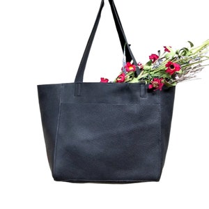 Large black leather tote bag 20”x 12” , Front pocket work and travel computer bag, Large shopping bag, Leather Carryall bag zipper option