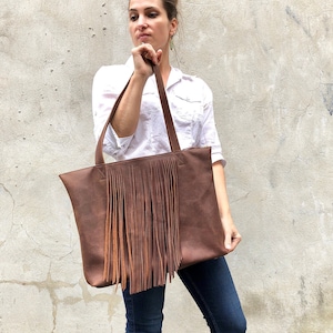 Bolso tote de cuero con flecos, Bolso de viaje Sturdy Shopper, Bolso de oficina de cuero, Bolso tote escolar con cremallera, Bolso tote grande de cuero para ordenador portátil