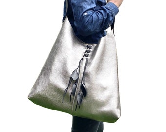 Metallic Leather Hobo Bag, Large Slouchy Shoulder Bag