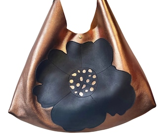 Large bronze hobo leather bag, Unique soft leather shoulder bag with flower, Metallic leather bag, Work and school leather handbag