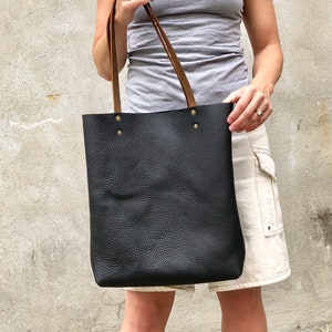 Tall Leather tote bag  Travel leather bag Leather Shopper bag Handmade leather bag Classic Leather tote purse Black Leather bag with pockets