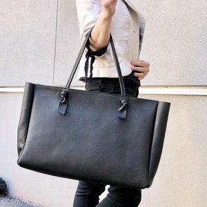 Black leather tote bag 22”x 12” with zipper  Large work and travel computer bag, Large shopping bag, Gift for women,  leather tote, Handbag