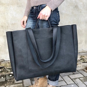 Extra Large Black Leather Tote Bag 19x 15x5 , Oversized Work and Travel ...