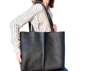 Black leather tote, Work and travel leather bag , Leather shopper bag with zipper, Laptop computer bag, women’s handbag