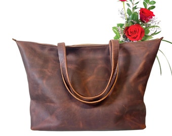 XL Brown Leather Tote Bag: Handmade Work & Travel Computer Bag