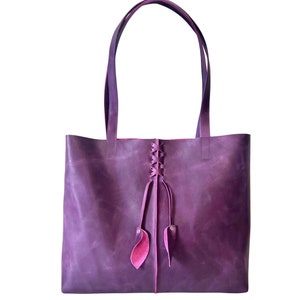 Vintage purple leather tote with leaves, Work and travel leather bag , Leather shopper bag with zipper, Laptop computer bag, women’s handbag