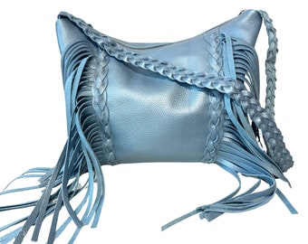 Boho crossbody fringe leather bag , blue metallic, Work and travel computer bag, Leather bag with fringe, Crossbody leather laptop bag