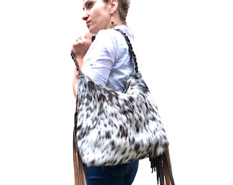 Hair on leather bag with fringe, Black/ white Hobo shoulder bag, Women’s leather bag, Work and school laptop bag, Cowhide shoulder handbag