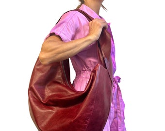 Large buttery soft wine red hobo bag, slouchy leather hobo bag with zipper and lining 20”W x 14”H , Work and travel bag