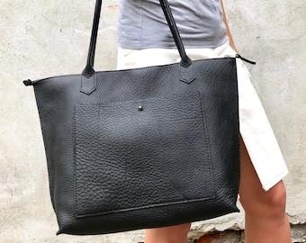 Black Leather Tote Bag with Zipper: Medium Shopper, Computer Bag