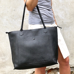Black Leather Tote Bag with Zipper: Medium Shopper, Computer Bag